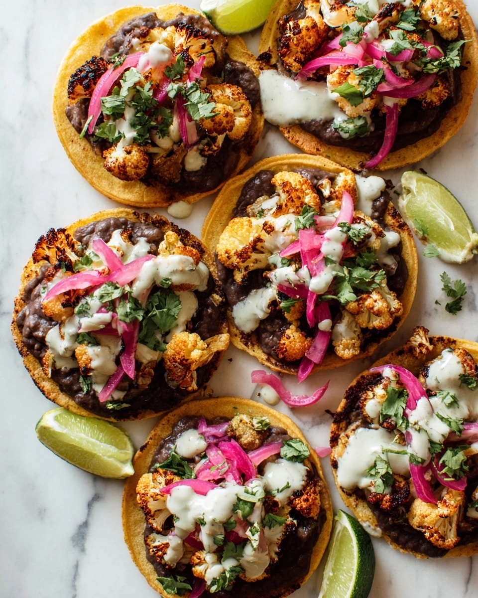 The image shows seven round tostadas with a golden brown crispy base, each topped with a layer of dark brown refried beans spread evenly. On top of the beans are small pieces of roasted cauliflower, displaying a light golden color with some charred edges. Bright pink pickled onions are scattered over, along with fresh green cilantro leaves adding a pop of color. A creamy white sauce with visible herbs is drizzled generously on each tostada, partly covering the toppings. Two lime wedges sit on the side on a white marbled surface, adding a fresh touch to the arrangement. The photo taken with an iphone --ar 4:5 --v 7