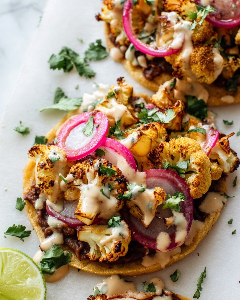 The image shows two tostadas on a white marbled surface. Each tostada is made of a crispy light brown tortilla base, topped with a layer of refried beans that is dark brown and mashed. On top of the beans, there is a plentiful layer of roasted cauliflower pieces that are golden and slightly charred. There are thin slices of pickled red onions scattered across the roasted cauliflower, adding bright pink and white colors. The tostadas are drizzled with creamy, pale off-white sauce with herbs. Fresh green cilantro leaves are sprinkled over the top and around the tostadas on the surface. A wedge of lime with light green flesh is partially visible at the bottom left of the image. photo taken with an iphone --ar 4:5 --v 7