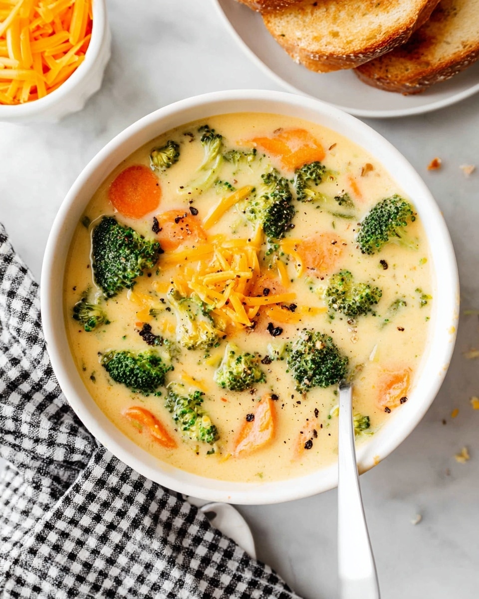 A white bowl filled with creamy light yellow soup showing visible chunks of green broccoli florets and round orange carrot slices mixed throughout. On top, there is a small pile of shredded bright orange cheese and a few cracked black pepper pieces scattered around. A white spoon rests inside the bowl on the right side. The bowl sits on a white marbled surface next to a black and white checkered cloth. In the background, there is a small white bowl with more shredded orange cheese and a white plate with toasted golden brown bread slices. photo taken with an iphone --ar 4:5 --v 7