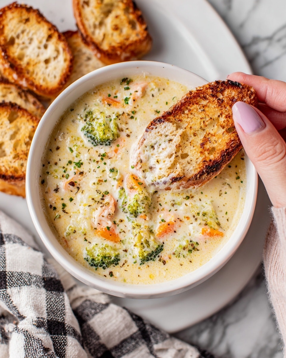 A white bowl filled with creamy soup showing different colors and textures in layers: the creamy pale yellow broth as the base, topped with small pieces of green broccoli, orange carrot sticks, and bits of light pink seafood or chicken. A woman’s hand is holding a piece of toasted bread with a crunchy, golden-brown crust slightly dipped into the soup. The bowl sits on a white marbled surface, with more toasted bread pieces nearby and a checkered cloth partly visible on the side. photo taken with an iphone --ar 4:5 --v 7