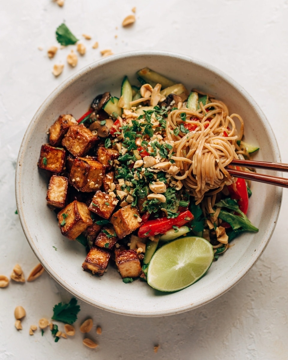 A white bowl filled with a colorful dish showing three main layers: on the side there is a portion of light brown noodles with a slightly shiny texture, topped with two wooden chopsticks holding some noodles; the center and left side have a mix of golden-brown crispy tofu cubes sprinkled with chopped peanuts and green chopped herbs, resting on a bed of stir-fried vegetables including sliced zucchini, snow peas, red bell pepper slices, and mushrooms; a small wedge of lime with light green skin is tucked beside the tofu. The bowl sits on a white marbled textured surface with a few scattered peanuts and herbs around it. Photo taken with an iphone --ar 4:5 --v 7