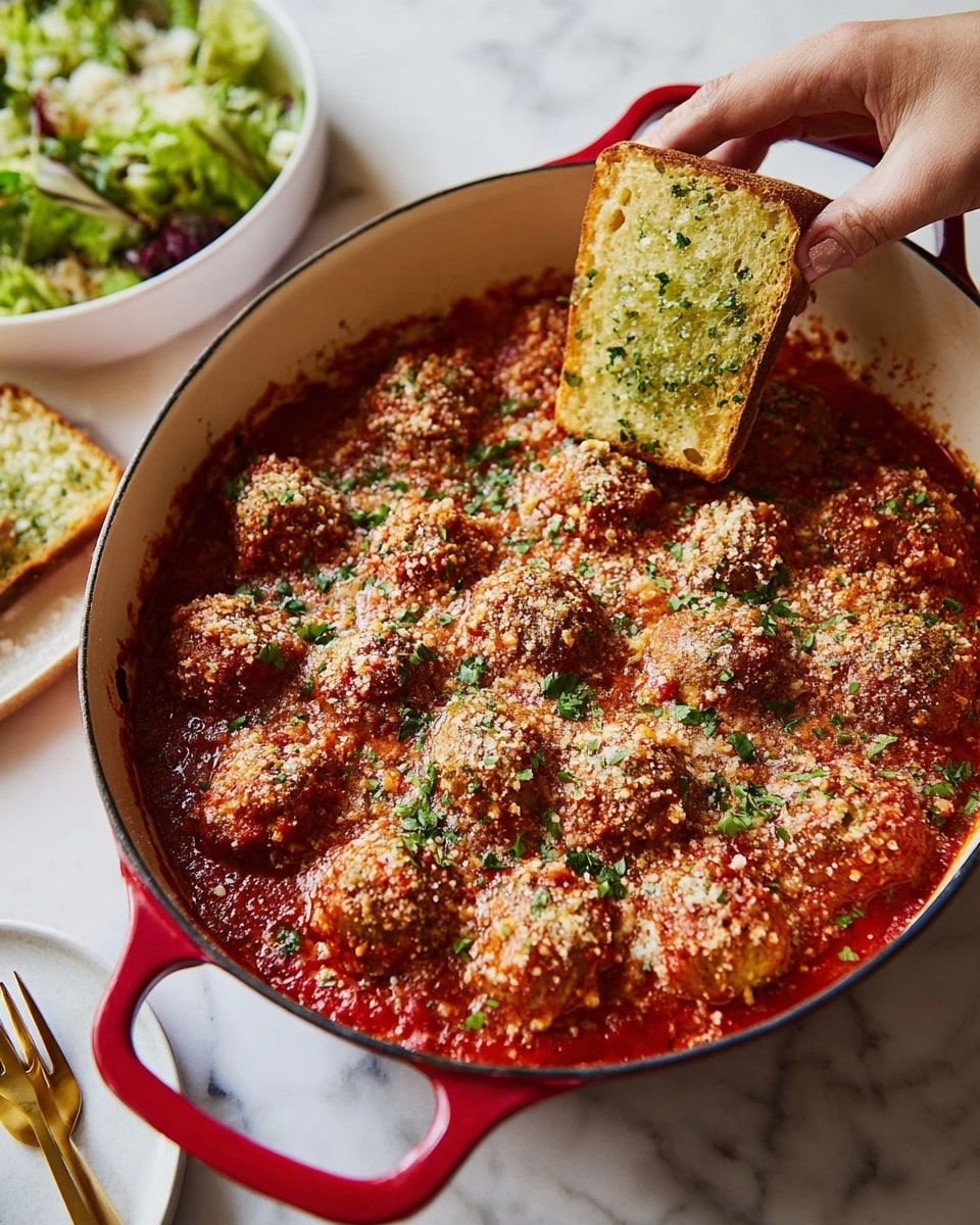 A large white enamel pan with red handles holds a dish with two layers: the bottom layer is chunky, bright red tomato sauce, topped with evenly spaced, round meatballs covered in a golden brown crumbly topping mixed with finely grated cheese and sprinkled with small green herb leaves. A woman's hand is dipping a square piece of golden toasted garlic bread with green herb spread into the sauce on the upper left side of the pan. The white marbled table surface underneath has a gold fork and a white bowl with mixed green salad in the background. Photo taken with an iphone --ar 4:5 --v 7