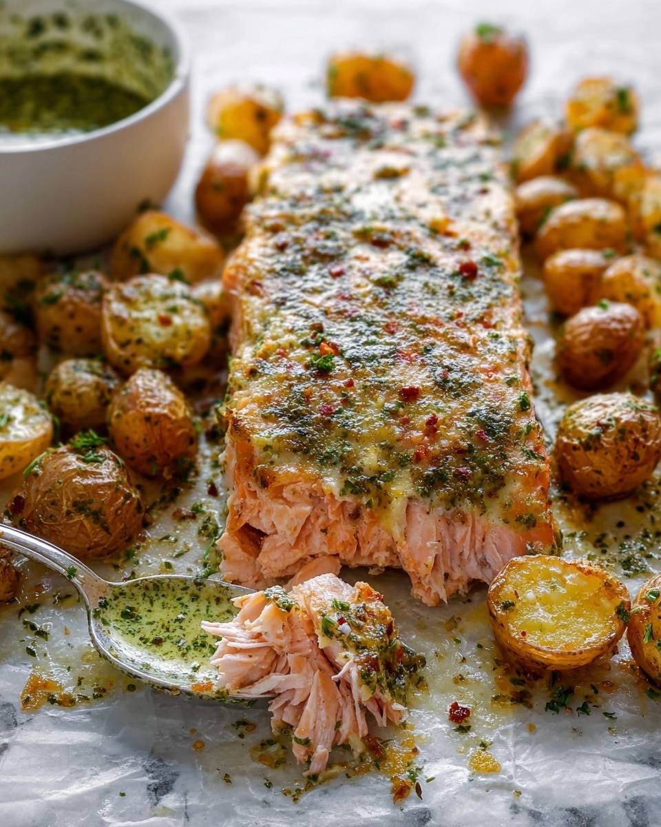 The image shows a piece of cooked salmon with a light pink inside and a golden, herb-coated crust on top, sprinkled with green herbs and red spices. The salmon fillet lies flat on a white marbled surface, surrounded by roasted small potatoes that are golden brown with crispy edges and some herb sprinkles. On the top left side, there is a white bowl filled with green herb sauce or dressing. A spoon is lifting a chunk of the flaky salmon, showing its tender texture inside. The whole scene is bright and fresh with a close-up view. photo taken with an iphone --ar 4:5 --v 7