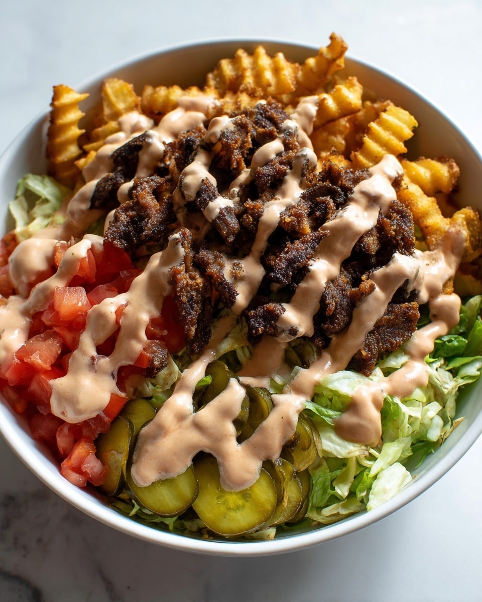 A white bowl filled with a base layer of light green shredded lettuce, topped with a layer of chopped red tomatoes and a layer of sliced green pickles; above these, there is a layer of dark brown crispy fried meat pieces, drizzled generously with a creamy light pink sauce, and finished with a layer of golden brown waffle-cut fries on top, all set on a white marbled surface. photo taken with an iphone --ar 4:5 --v 7