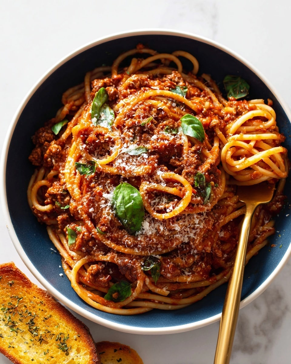 A bowl of spaghetti layered with thick, rich red tomato sauce mixed with browned ground meat, topped with a light sprinkle of grated white cheese and fresh green basil leaves scattered throughout. The spaghetti strands have a slightly glossy texture, curling around a golden fork resting on the right side of the bowl. The bowl is white on the outside with a dark blue inside, placed on a white marbled surface. A piece of golden-brown toasted bread with herbs is visible at the bottom left corner. Photo taken with an iphone --ar 4:5 --v 7