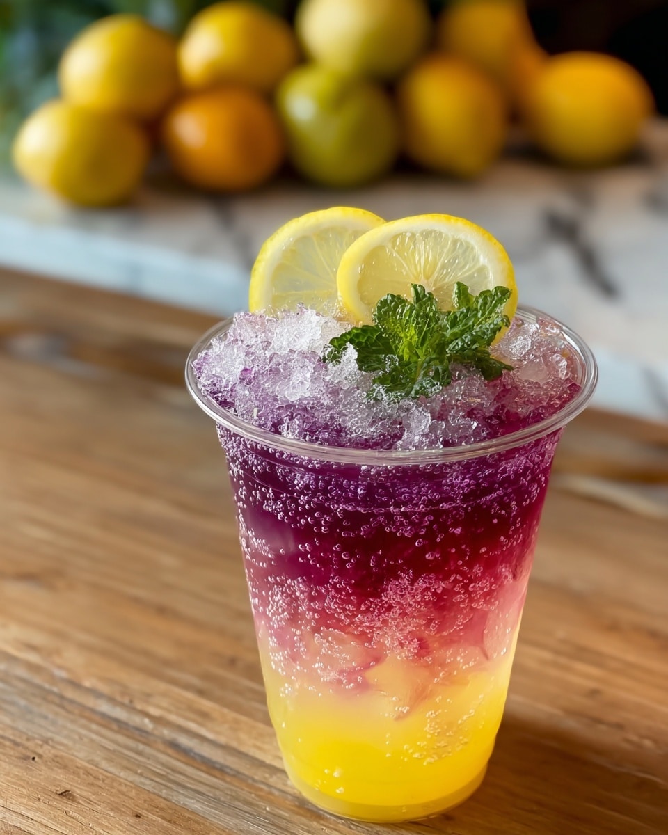 A clear plastic cup holds a three-layer drink with crushed ice on top. The bottom layer is bright yellow with a smooth texture. Above it, a lighter pink layer blends softly into a purple layer full of tiny bubbles and crushed ice near the top. Two fresh yellow lemon slices and a sprig of green mint rest on the ice, adding a fresh touch. The cup sits on a wooden table with a blurred background showing lemons and other fruits, all set against a white marbled surface. Photo taken with an iphone --ar 4:5 --v 7