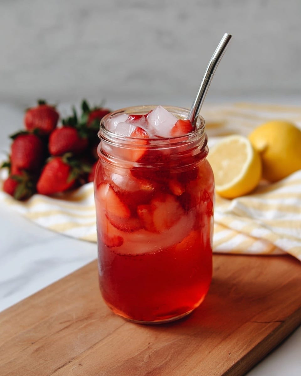 A clear glass mason jar filled with a reddish iced drink sits on a wooden board over a white marbled surface; inside the jar, there are visible slices of red strawberries and large ice cubes floating on top, with a silver metal straw placed in the drink leaning slightly to the right. In the blurred background, there are whole fresh strawberries and a halved lemon resting on a white cloth with pale yellow stripes. photo taken with an iphone --ar 4:5 --v 7