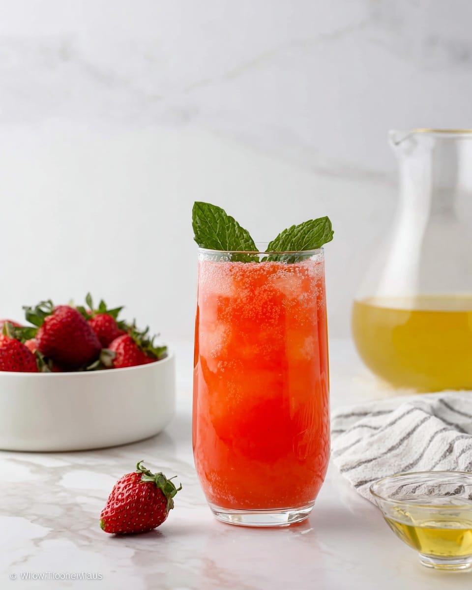 A tall clear glass filled with a bright red drink made of crushed ice and strawberry pulp, garnished on top with two fresh green mint leaves standing upright. The glass sits on a white marbled surface next to a white bowl filled with whole fresh strawberries, and a single strawberry laying beside the bowl. In the background, slightly out of focus, is a clear glass pitcher with a yellow liquid and a small clear glass dish containing a light yellow liquid on a white cloth with gray stripes. The background is a clean white marbled texture. photo taken with an iphone --ar 4:5 --v 7