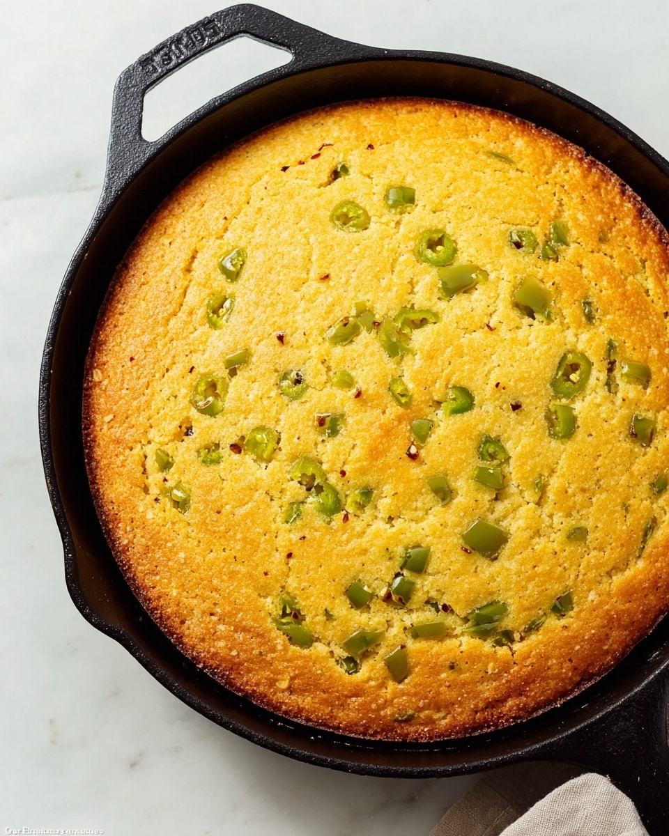 The image shows a thick, golden cornbread with small green larger pieces mixed inside, cut into wedges. The cornbread has a rough, crumbly texture and a slightly browned edge. One triangular wedge is placed on a white plate, showing the thickness and texture with visible green chunks throughout. The rest of the cornbread remains in a black cast iron skillet, with some crumbs scattered around. The setting includes a white marbled surface and a light wooden board partially under the skillet. photo taken with an iphone --ar 4:5 --v 7