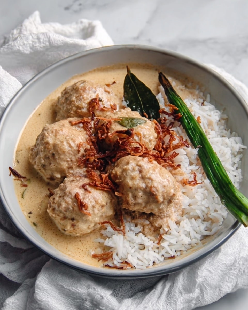 The image shows a white bowl filled with white rice at the bottom, topped with several large meatballs covered in a creamy light brown sauce. On one side of the bowl, there are two green stalks and a dark green leaf partially submerged in the sauce. Crispy fried shallots are sprinkled on top of the meatballs. The bowl is placed on a white marbled surface with a white cloth nearby. The lighting is soft and natural, highlighting the texture of the sauce and meatballs. Photo taken with an iphone --ar 4:5 --v 7