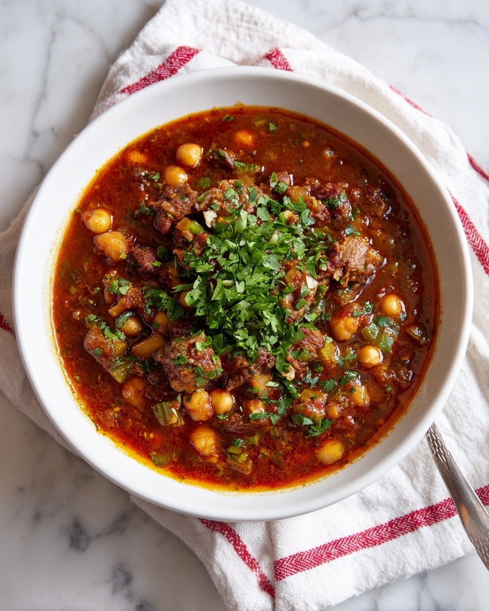 A white bowl filled with a thick, rich stew that has a reddish-brown base with visible chickpeas, small chunks of meat, and bits of green celery mixed throughout. The stew is topped with a small pile of chopped fresh green herbs in the center. The bowl is placed on a white cloth with red stripes, all set on a white marbled surface in the background. photo taken with an iphone --ar 4:5 --v 7