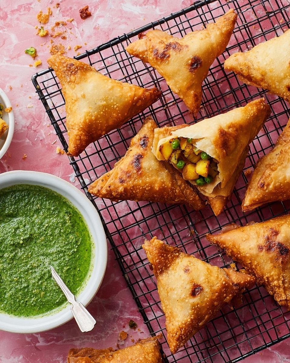 The image shows several golden-brown, crispy triangular samosas arranged on a black wire cooling rack, with one samosa broken open to reveal a filling of green peas and yellow potatoes. The samosas have a shiny, flaky texture with some darker browned spots on the surface. To the left side, there is a round white bowl filled with green chutney that looks thick and creamy with visible bits of herbs, and a small spoon resting inside the bowl. The background features a pink surface with some pastry crumbs scattered around, but this has been changed to a white marbled texture. Photo taken with an iphone --ar 4:5 --v 7