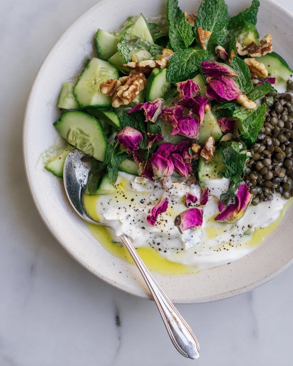 A white plate sits on a white marbled surface, filled with a fresh layered salad. The base layer includes bright green cucumber slices cut into small pieces mixed with dark green mint leaves. Above this, there are scattered deep purple rose petals adding color contrast. There are also chunks of light brown walnuts spread on top. To one side, small dark brown lentils add texture and depth. White creamy yogurt sauce is drizzled unevenly over the salad with a small pool on the plate. A silver spoon rests on the yogurt pool, showing oil droplets and black pepper sprinkled across the dish. photo taken with an iphone --ar 4:5 --v 7