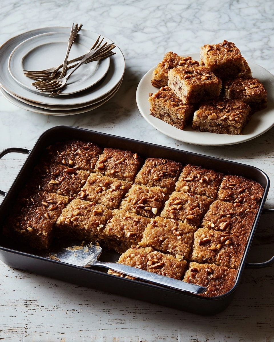 The image shows a black rectangular baking pan filled with a golden brown dessert that is cut into small diamond-shaped pieces; the top layer is crumbly and textured with a golden, slightly crispy surface, while the bottom layer appears darker and moist with visible bits of nuts. Next to the pan is a white round plate holding three diamond-shaped pieces of the dessert, showing the two distinct layers clearly with crumbly top and nutty filling underneath. The dessert looks rustic and home-baked, placed on a white marbled textured surface with a silver serving spatula resting inside the pan, and a stack of white plates and forks nearby. Photo taken with an iphone --ar 4:5 --v 7