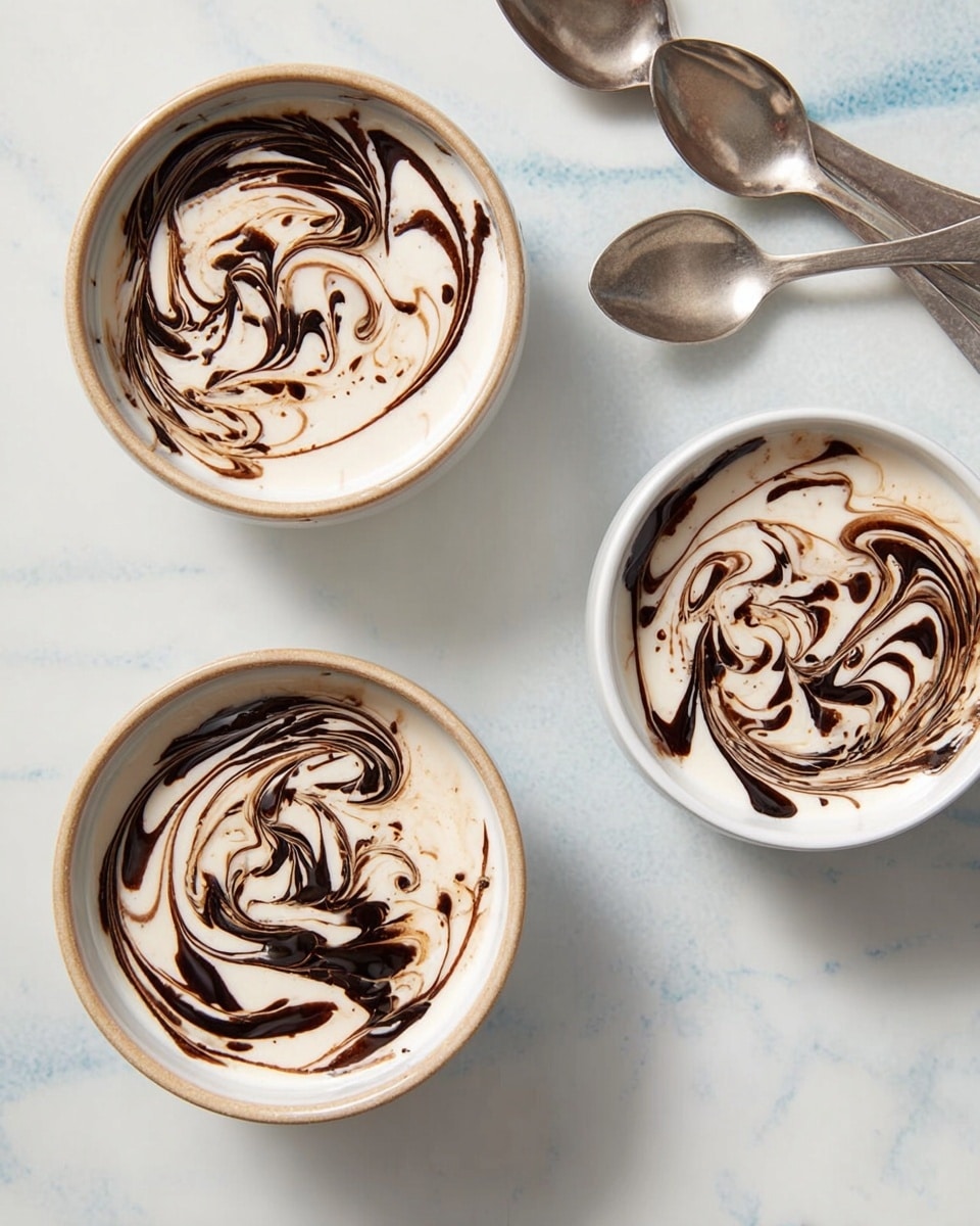 Three white bowls each hold a creamy white soup or yogurt base with dark brown swirl patterns on top, appearing like chocolate or balsamic glaze, with intricate swirling designs. The bowls are arranged on a white marbled surface, with one bowl positioned slightly higher and to the left, one in the center, and one to the right. Above the bowls, there are four silver spoons lying next to each other, catching soft light. The textures show a smooth creamy layer with delicate glossy swirls on the surface, giving a rich and inviting look. Photo taken with an iphone --ar 4:5 --v 7