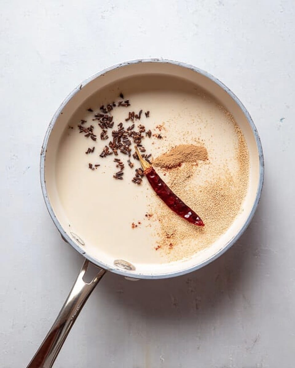 A white pan with a metal handle sits on a white marbled surface. Inside the pan, the bottom layer is a smooth light beige liquid. On top of this, there are a few whole dark brown spices scattered on the left, with one small dark red dried chili near the center-right. There is also a sprinkling of fine, light brown powder spread unevenly across the surface. Photo taken with an iphone --ar 4:5 --v 7