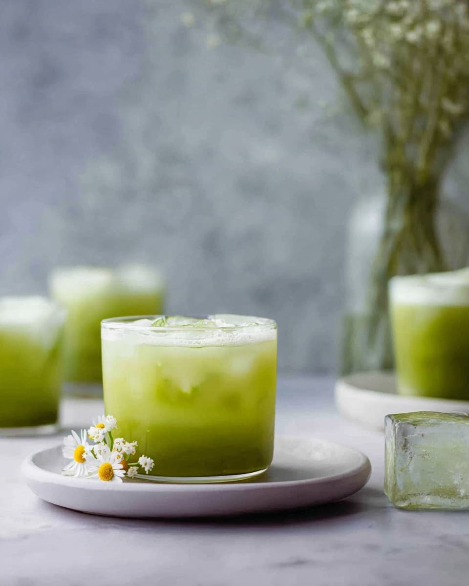 The image shows three short transparent glasses filled with light green icy drink placed on a white marbled surface. The glass in the center is on a simple white plate and has visible ice cubes inside, with a small white and yellow flower on the plate beside it. The other two glasses are partially visible in the background, also filled with the same green drink and topped with frothy foam. To the right, there is a glass vase filled with green stems that are slightly out of focus, and in front of it, there is a single ice cube adorned with a tiny white and yellow flower. The background features a soft gray texture, creating a calm and fresh vibe. Photo taken with an iphone --ar 4:5 --v 7