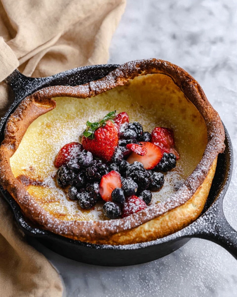 A golden-brown Dutch baby pancake with puffed edges sits in a black cast iron skillet, sprinkled lightly with powdered sugar. Inside, there is one layer of pancake with a smooth, slightly crispy texture, topped in the center with a colorful mix of fresh berries including blackberries, blueberries, and sliced strawberries, adding pops of dark purple, blue, and red. The skillet is placed on a white marbled texture, with a beige cloth softly folded in the background. photo taken with an iphone --ar 4:5 --v 7