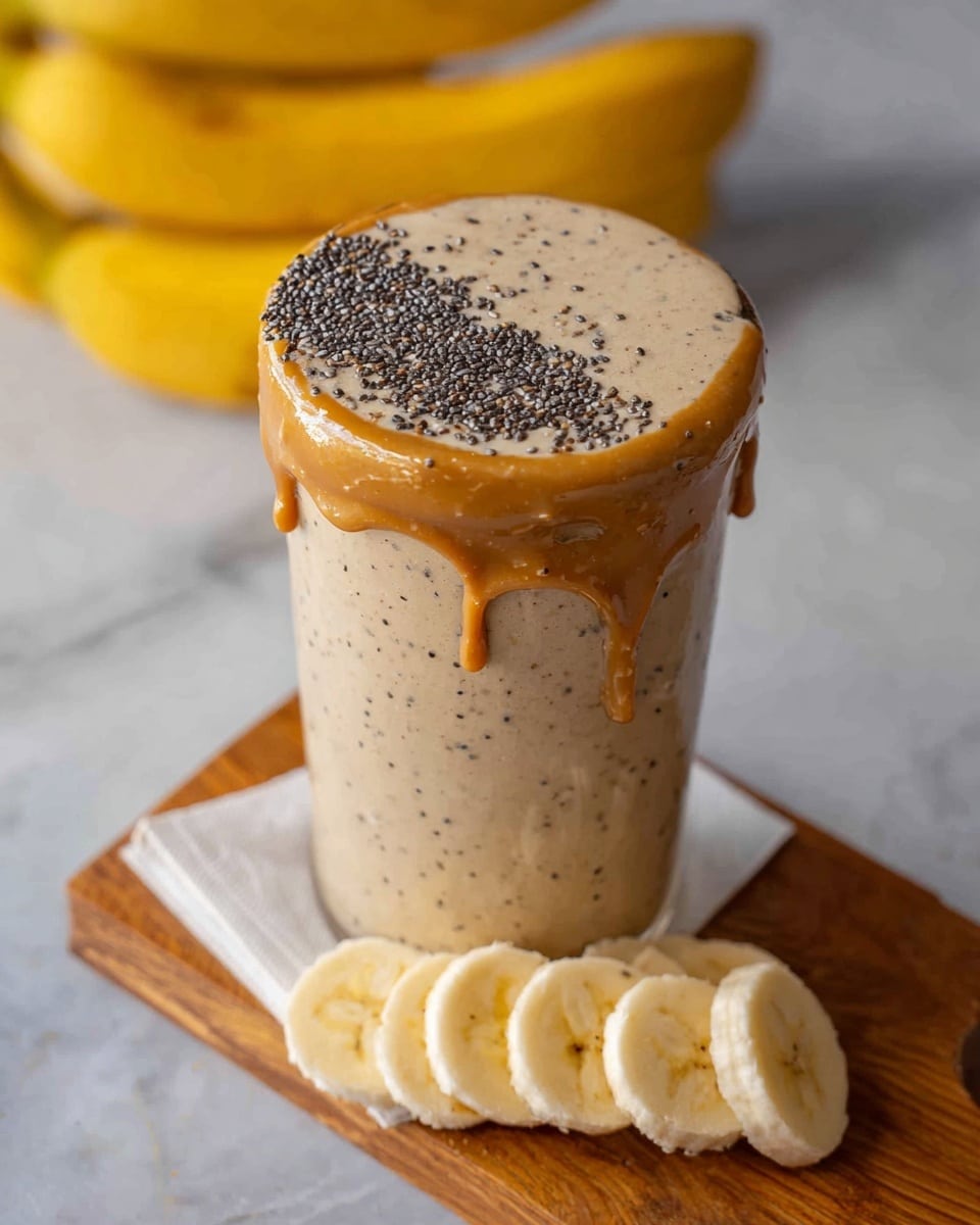 A clear textured glass filled with a thick, creamy beige smoothie that has tiny darker specks, topped with a thick layer of dark brown sauce that drips slightly down the sides. The glass sits on a piece of parchment paper which is on a wooden board, next to three slices of fresh banana that are pale yellow with a soft texture. In the background, there is a bunch of ripe bananas with some dark spots. The whole setup is on a white marbled texture surface. photo taken with an iphone --ar 4:5 --v 7
