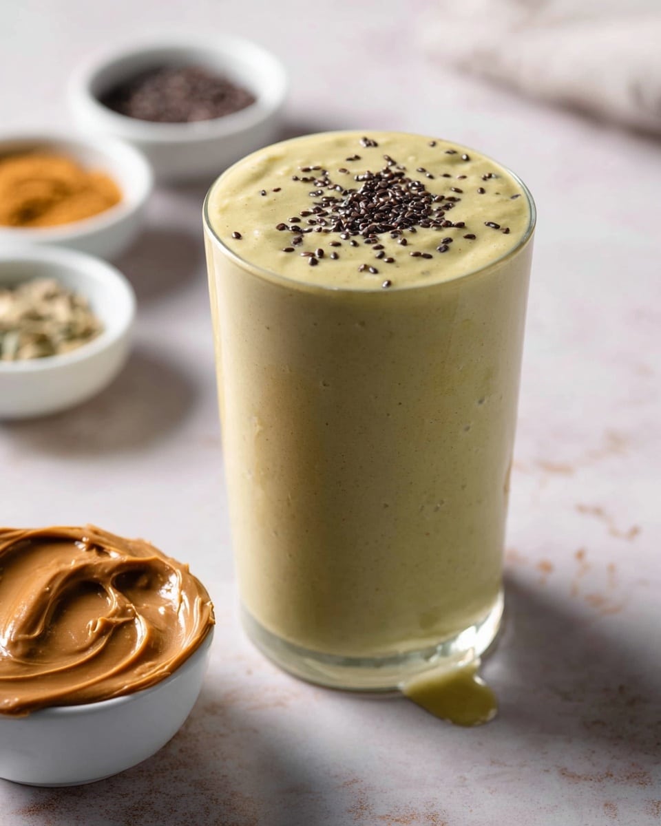A clear glass filled with a thick, pale green smoothie stands on a white marbled surface. The smoothie is smooth in texture and fills the glass almost to the top, with a small drip running down its side. Above the glass, a woman's hand sprinkles small black chia seeds onto the surface of the drink, some seeds suspended in midair. In the blurry background, two white bowls sit, one partially visible in the lower left corner, and the other closer to the glass but out of focus. The overall look is simple and clean with natural light. photo taken with an iphone --ar 4:5 --v 7