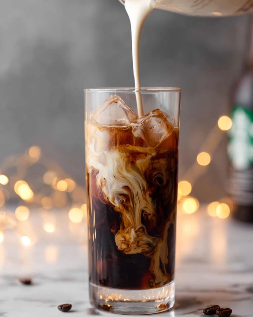 A clear tall glass filled with layers of iced coffee, starting with a light brown creamy layer at the bottom, a darker brown coffee layer in the middle, and topped with ice cubes floating near the top. A light cream is being poured from above, swirling and mixing with the darker coffee layer, creating soft, cloudy white patterns in the middle. The background has a white marbled texture. Photo taken with an iphone --ar 4:5 --v 7