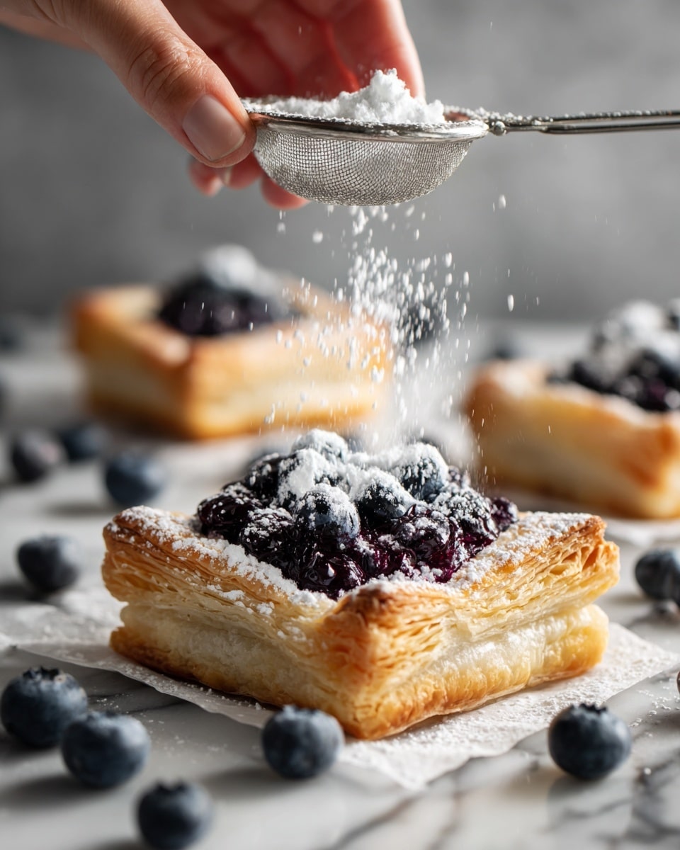 A woman's hand is holding a small metal sifter releasing a fine spray of white powdered sugar over a square puff pastry tart. The tart has a golden brown, flaky layered crust with a slightly raised edge, and the center is filled with a dark blueberry mixture that looks juicy and textured. The tart sits on white parchment paper scattered with fresh blueberries around it. In the background, there is another similar tart, slightly out of focus, on a white marbled surface. photo taken with an iphone --ar 4:5 --v 7