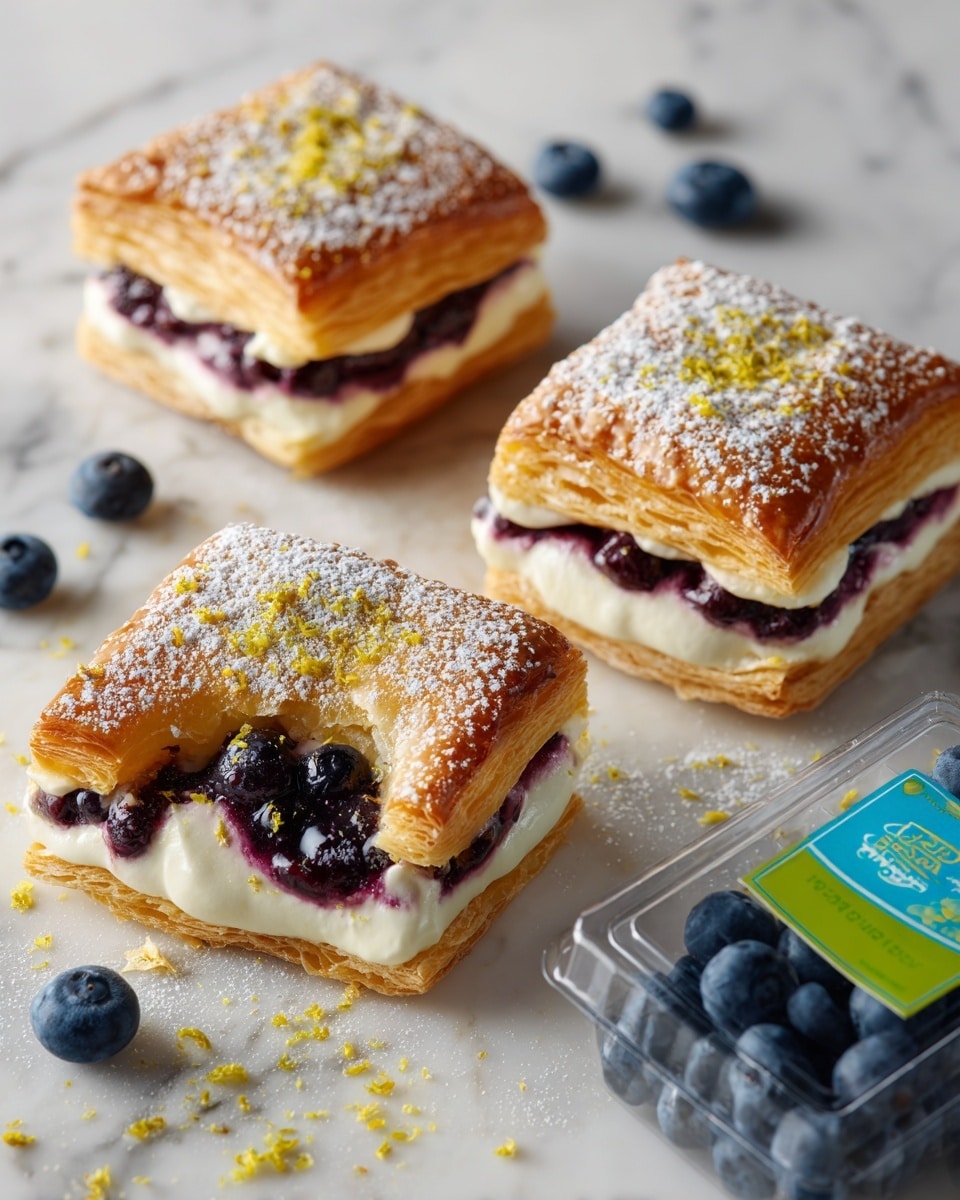 The image shows three square-shaped pastries with golden, flaky crusts on a white marbled surface. Each pastry has three layers: the outer crust is light golden and slightly puffed, a middle layer of creamy white filling, and a dark purple blueberry topping in the center with a few whole blueberries visible. One pastry has a bite taken from its corner, revealing the layers more clearly. Powdered sugar is lightly dusted over the pastries and surrounding area. Fresh blueberries are scattered around along with a clear plastic container of blueberries with a green and blue label placed on the right side of the image. There are small yellow zest bits sprinkled over the pastries and surface. Photo taken with an iphone --ar 4:5 --v 7
