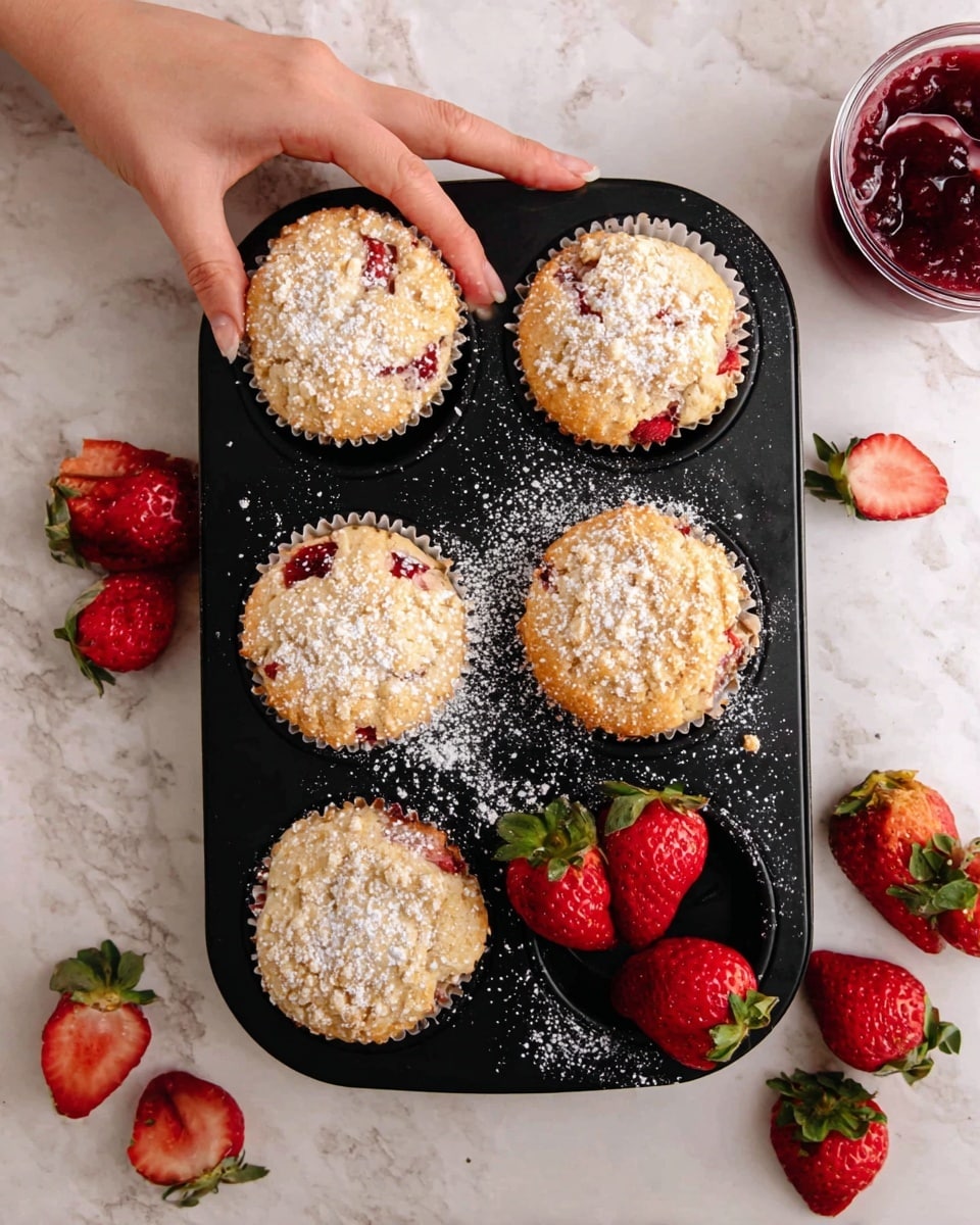 A stack of three golden brown muffins in white paper liners is shown on a wooden board with a white marbled texture beneath. The top muffin is cut open, revealing a soft, crumbly texture with a red strawberry filling inside. Around the muffins, fresh strawberries, some whole and some halved, are placed with a light dusting of powdered sugar. In the background, a clear glass holds red jam with a spoon inside, all set against a soft pink backdrop. Photo taken with an iphone --ar 4:5 --v 7