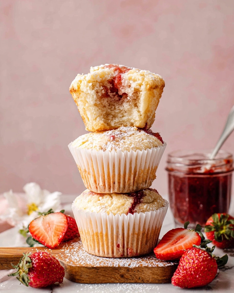 A black muffin tray holds five golden-brown muffins dusted with a light white powdered sugar layer on top, showing small red strawberry pieces baked inside. One muffin is being picked up by a woman's hand from the top left corner. The middle cup of the tray contains bright red fresh whole strawberries with green leaves, and one large strawberry rests next to the muffins on the tray. Several halved strawberries surround the tray on a white marbled surface. In the top right, there is a small red container with strawberry jam visible inside the rim. Photo taken with an iphone --ar 4:5 --v 7