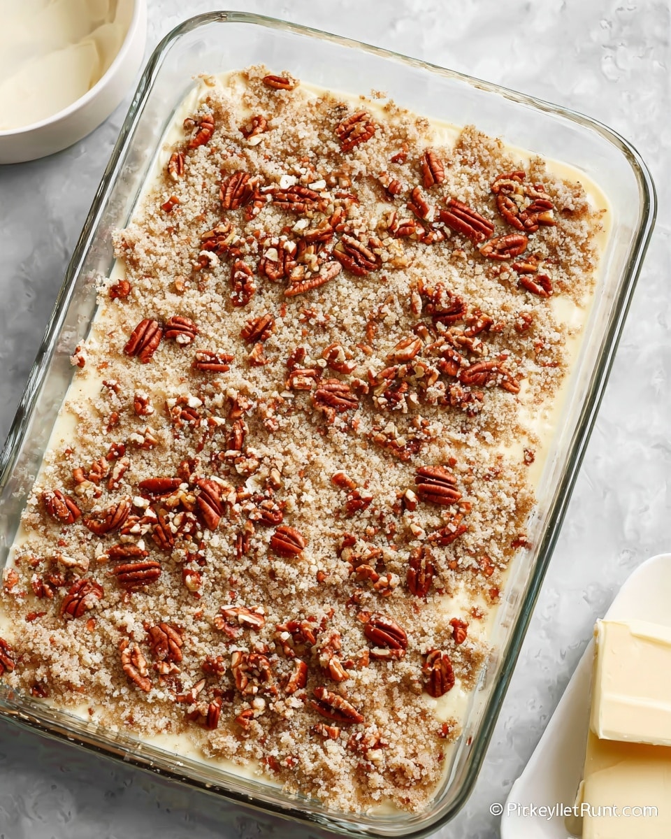 A clear glass rectangular baking dish filled with a dessert consisting of two visible layers: the bottom layer is smooth and light golden, while the top layer is a crumbly beige mixture that covers the entire surface. Scattered unevenly across the top are small pieces of chopped pecans in a rich reddish-brown color, adding texture and contrast. The baking dish sits on a white marbled surface, and to the side there is a white dish holding a light yellow block of butter. photo taken with an iphone --ar 4:5 --v 7