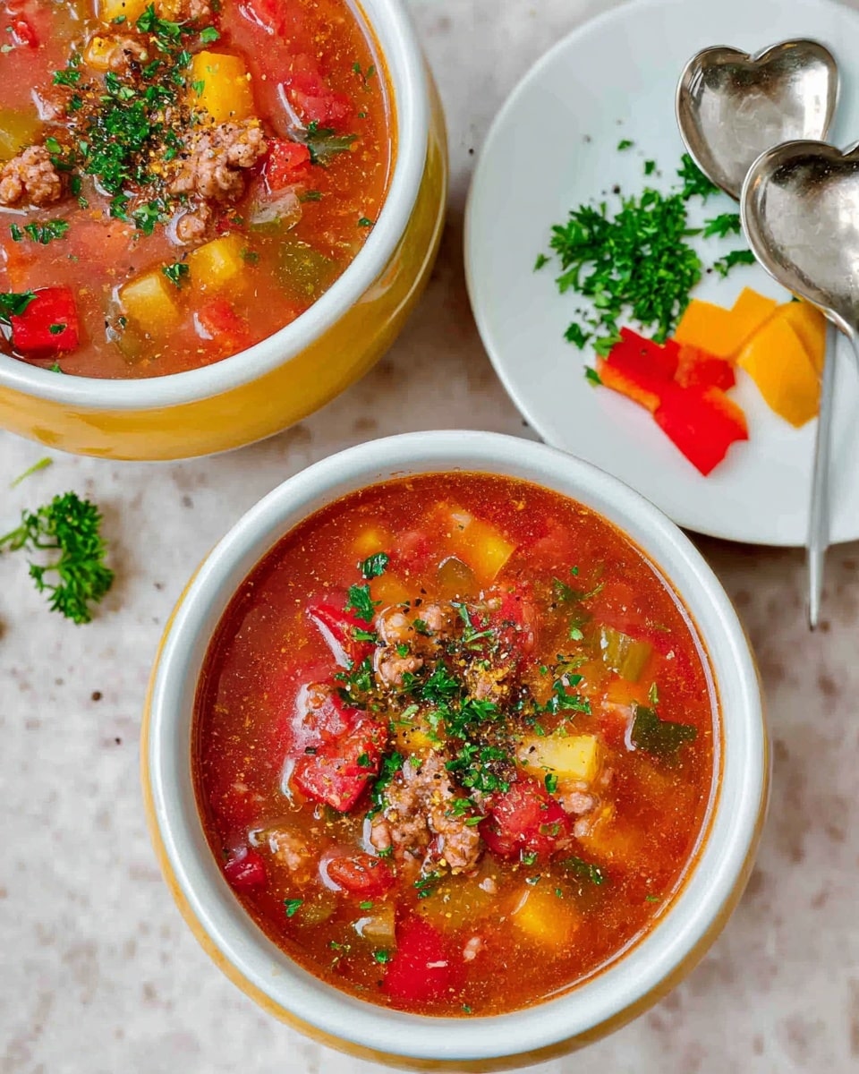 Two bowls of chunky vegetable soup sit on a white marbled surface. Each bowl is white with a yellow rim and contains a red tomato-based broth filled with diced yellow and red bell peppers, bits of meat, and finely chopped herbs on top. The soup is garnished with scattered green parsley and a sprinkle of black pepper. Nearby, a white plate holds two silver heart-shaped spoons and some extra chopped parsley. Bright red and yellow pepper pieces are also visible on the side. Photo taken with an iphone --ar 4:5 --v 7
