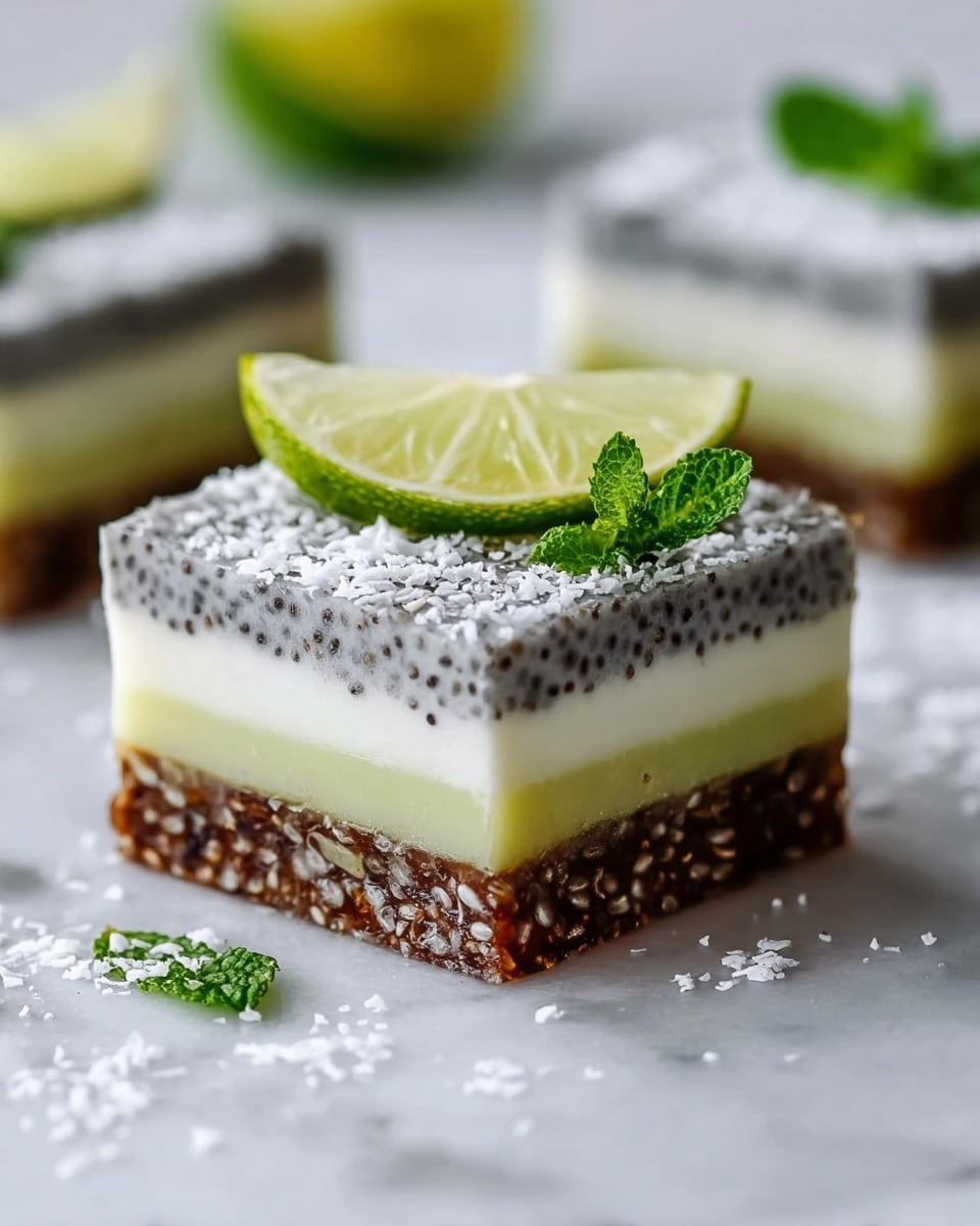 The image shows a square dessert with four distinct layers on a white marbled surface. The bottom layer is dark brown and crunchy-looking, made of small pieces pressed together. Above it is a light gray layer filled with tiny black chia seeds, giving it a speckled texture. The third layer is smooth and creamy white, sitting neatly on top of the chia seed layer. The top layer is translucent pale yellow, thin and smooth, decorated with more chia seeds and sprinkled with white coconut flakes. A thin slice of lime with bright green skin and a small fresh mint leaf are placed on top as decoration, with a slightly blurred lime and another dessert piece in the background. Photo taken with an iphone --ar 4:5 --v 7