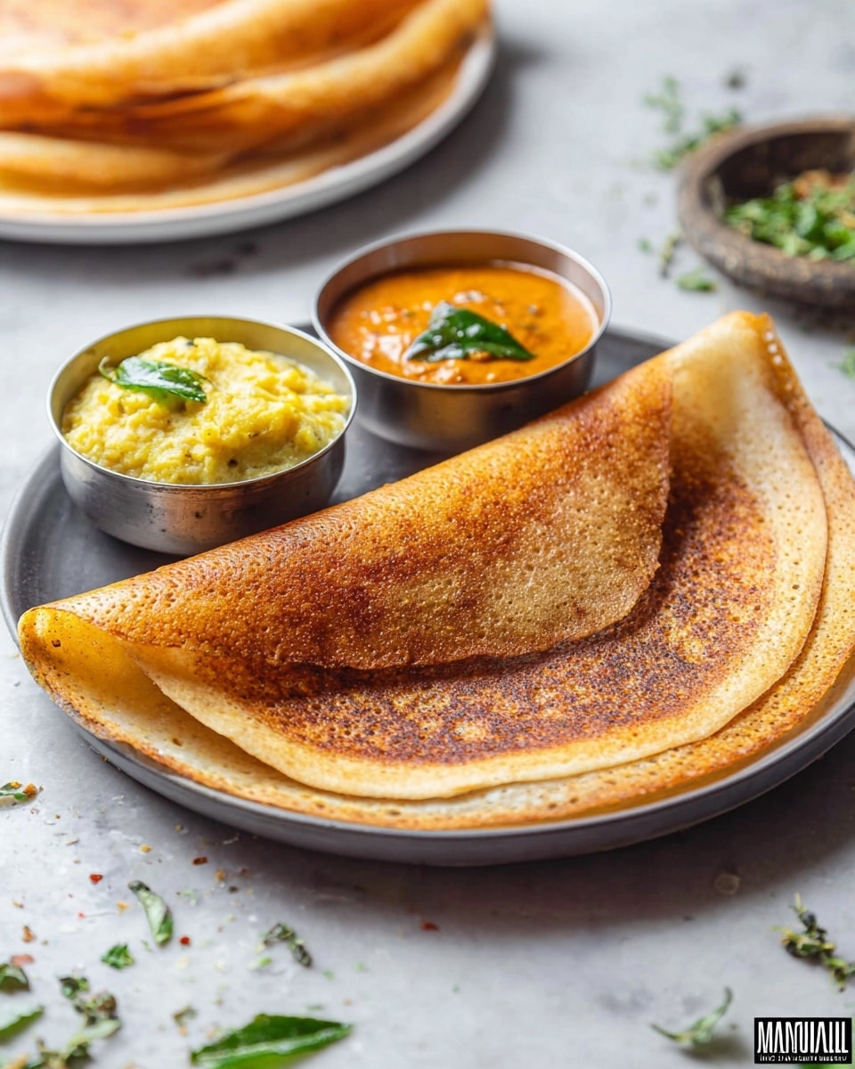 A large, golden-brown dosa with darker toasted spots folded in half sits on a round white plate. It has a thin, slightly crispy texture with visible bubbles and a soft underside. On the plate, there are three small metal bowls placed above the dosa: the left bowl contains bright yellow potato filling with mustard seeds and green herbs, the middle small terracotta bowl holds a dark brown chutney, and the right bowl contains a reddish-orange chutney garnished with a few green curry leaves. The plate rests on a white marbled surface, and in the background, there is a blurred white plate holding unrolled dosas. Photo taken with an iphone --ar 4:5 --v 7