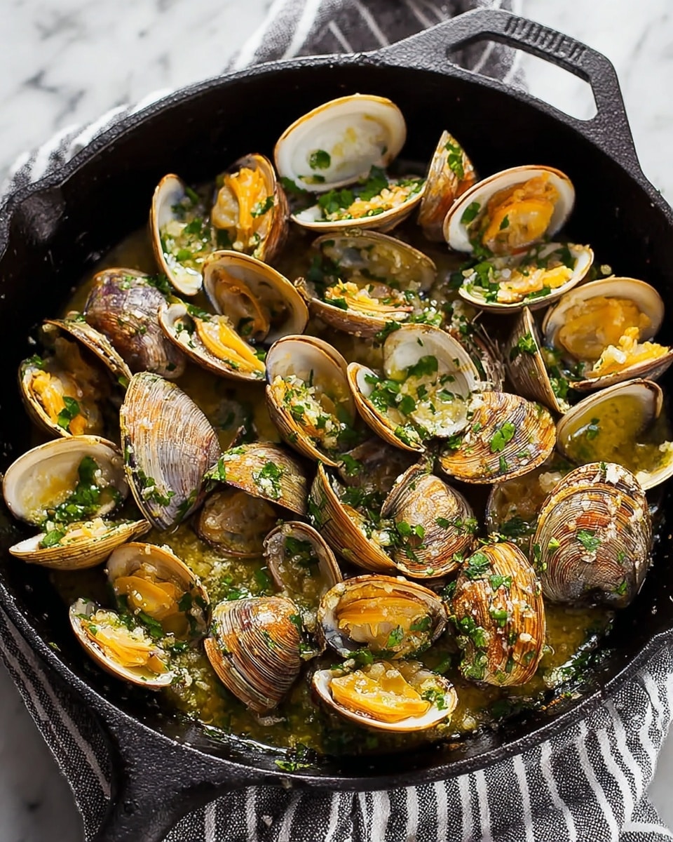 A cast iron pan filled with cooked clams opened to show their orange and light yellow flesh surrounded by light brown shells with darker lines. The clams are covered with small pieces of green herbs and bits of minced garlic, giving a fresh and textured look. The pan's black surface contrasts with the clams and herbs, while a white and gray striped cloth is partially visible under the pan on a white marbled surface. The light in the image highlights the moist and slightly oily texture of the dish. photo taken with an iphone --ar 4:5 --v 7