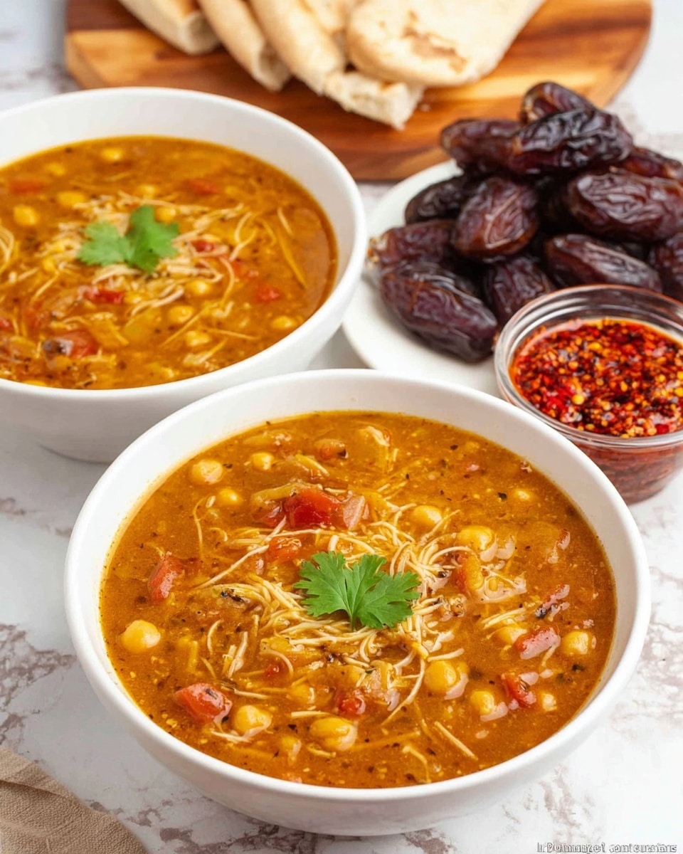 Two white bowls filled with thick, orange-brown soup that contains visible small chickpeas, thin noodle strands, small red tomato pieces, and herbs, each bowl topped with a small green cilantro leaf. In the background, there is a white plate with dark brown dates and a small clear glass bowl with bright red chili paste. Behind them on a white marbled texture surface, pieces of light brown flatbread and a thick slice of bread rest on a wooden board. Photo taken with an iphone --ar 4:5 --v 7