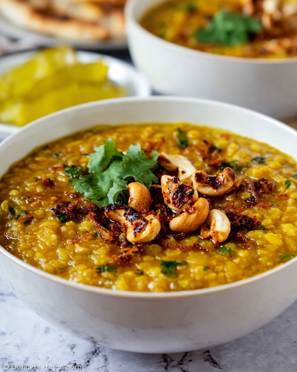 A close-up of a white bowl filled with thick yellow lentil soup topped with crispy brown fried onions, whole cashew nuts, and small green coriander leaves scattered on top. The soup shows a textured mix of soft lentils with some visible chunks. In the background, another white bowl of soup is slightly blurred beside a white plate holding folded flatbreads and a small white bowl with yellow lemon wedges, all set on a white marbled surface. The image focuses on the rich colors and textures of the soup and its garnishes. photo taken with an iphone --ar 4:5 --v 7
