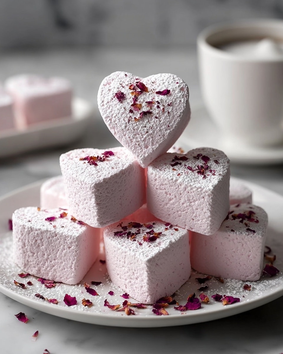 A white plate holds a stack of nine heart-shaped marshmallows, arranged in three layers with four marshmallows on the bottom, four in the middle, and one balanced on top; the marshmallows are light pink with a powdery texture and are dusted with white powdered sugar and small red and purple edible flower petals, some scattered on the plate around the stack, all set on a white marbled surface with a blurred white cup and saucer in the background. photo taken with an iphone --ar 4:5 --v 7