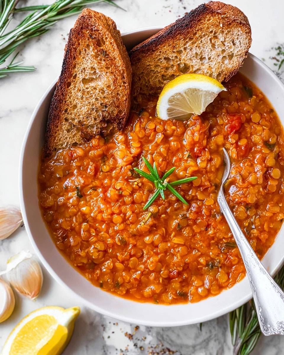 A white bowl filled with a thick red lentil stew that has a rich orange-red color and visible small lentils and bits of vegetables, topped with two toasted slices of brown bread placed angled on one side, a small green rosemary sprig in the center, and a lemon wedge resting on the edge of the bowl. A silver spoon is partially submerged on the right side of the bowl. The bowl is set on a white marbled surface with garlic cloves, a lemon wedge, and green rosemary sprigs scattered around. Photo taken with an iphone --ar 4:5 --v 7