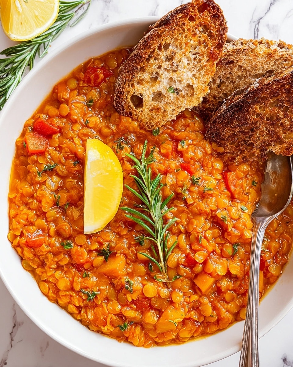 A white bowl filled with a thick, orange-red lentil stew that has visible small lentils, diced carrots, and bits of tomato, giving a chunky texture. The stew is topped with a sprig of fresh rosemary in the center and a lemon wedge placed near the edge of the bowl. Two slices of toasted whole grain bread with a browned, crispy surface lean against the side inside the bowl. A silver spoon partially submerged rests on the right side of the bowl. The bowl is set against a white marbled texture surface. photo taken with an iphone --ar 4:5 --v 7