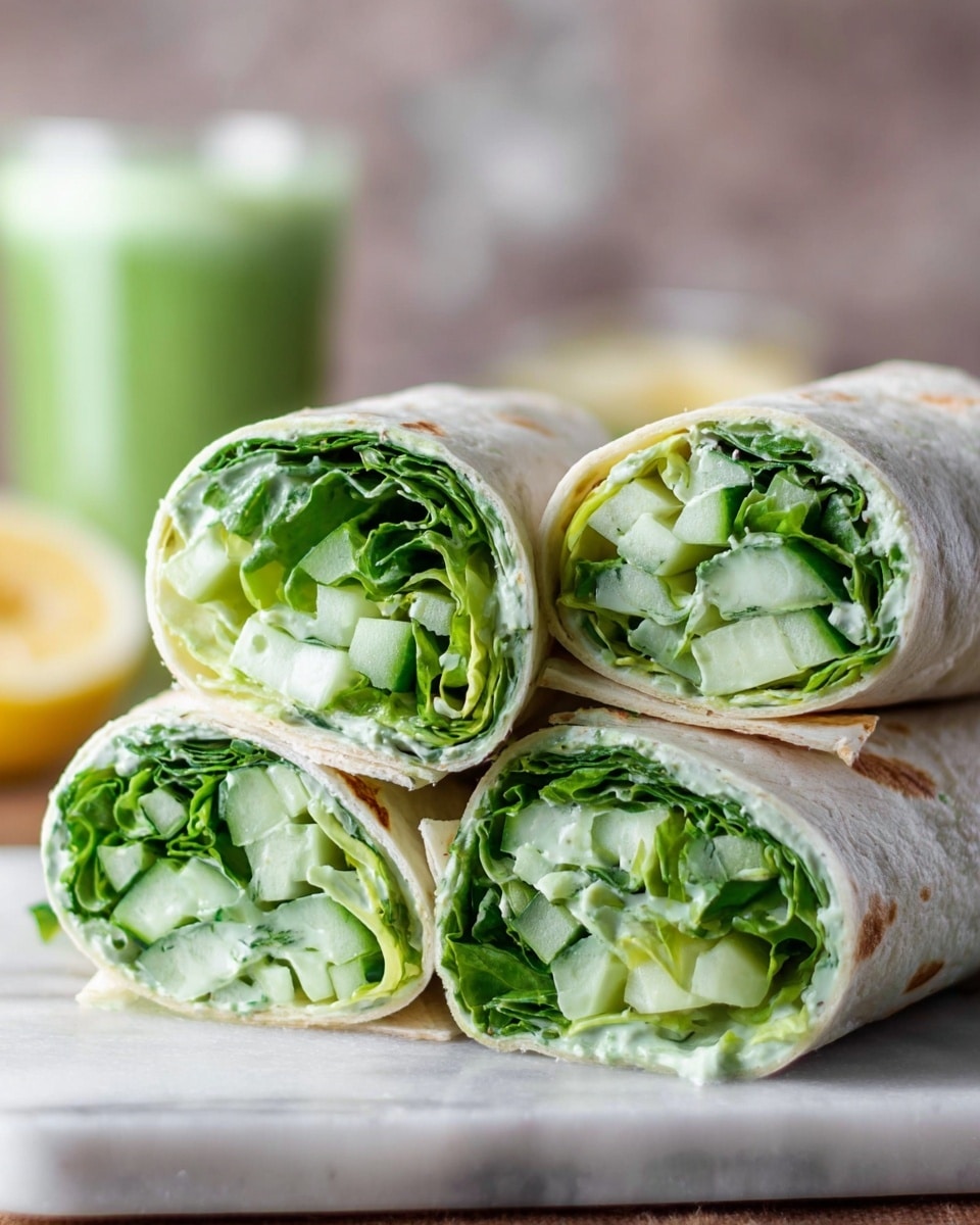 A close-up image of four cut veggie wraps stacked on a white marbled surface. Each wrap has three visible layers: a soft white tortilla on the outside, a middle layer of light green creamy sauce, and the inside filled with fresh, bright green lettuce mixed with diced pale green cucumbers. The textures show the wrap’s soft tortilla contrasting with the crisp freshness of the veggies inside. A blurred background displays a green drink in a clear glass and a lemon half, adding context. Photo taken with an iphone --ar 4:5 --v 7