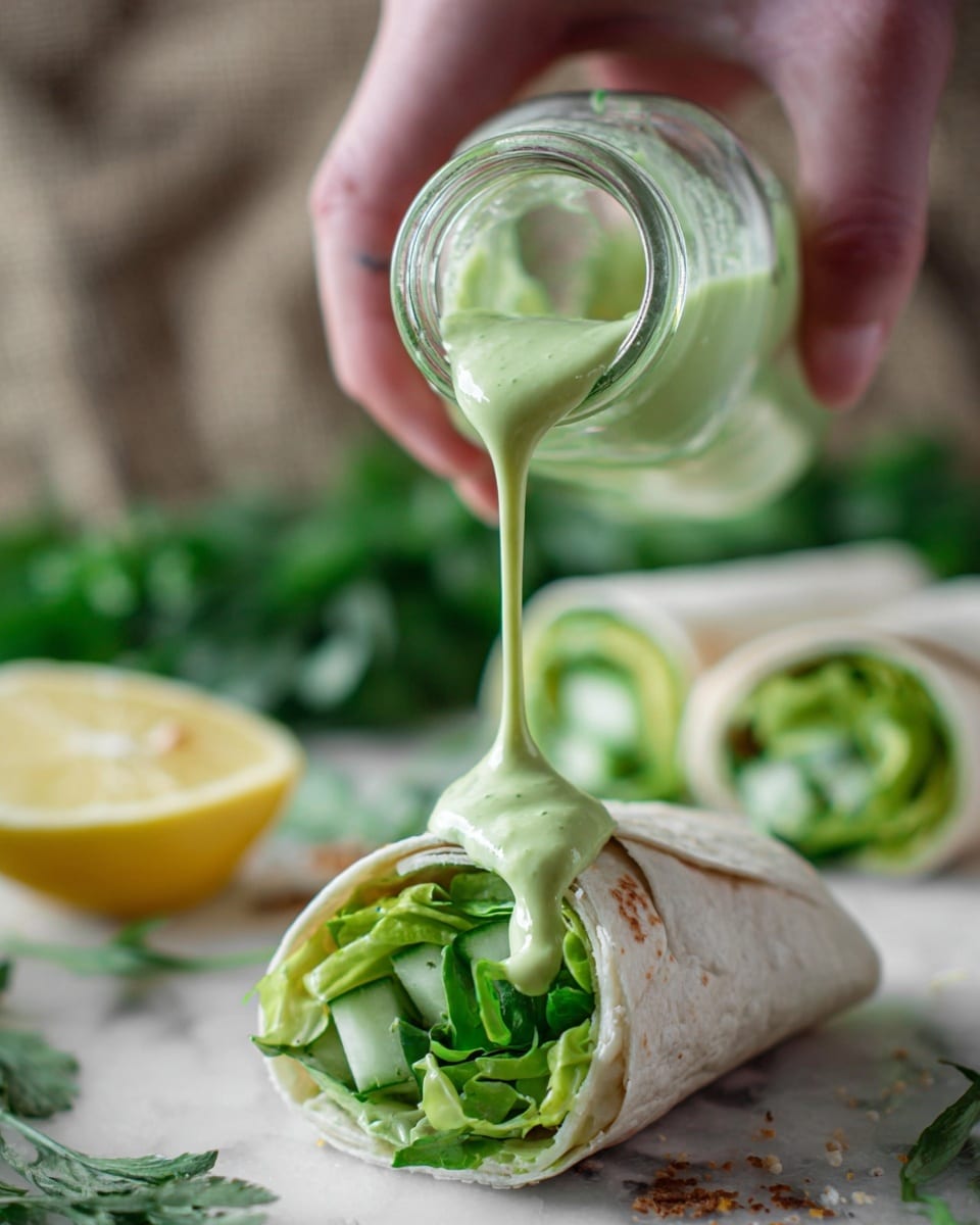 A rolled wrap held by a woman's hand shows a white tortilla with layers inside that include bright green leafy lettuce and possibly cucumbers, all looking fresh and crisp. A thick, pale green sauce with a smooth texture is being poured over the wrap from a clear glass bottle. The background is softly blurred with hints of green herbs and a yellow lemon half, while more wraps lie nearby on a white marbled surface. Photo taken with an iphone --ar 4:5 --v 7