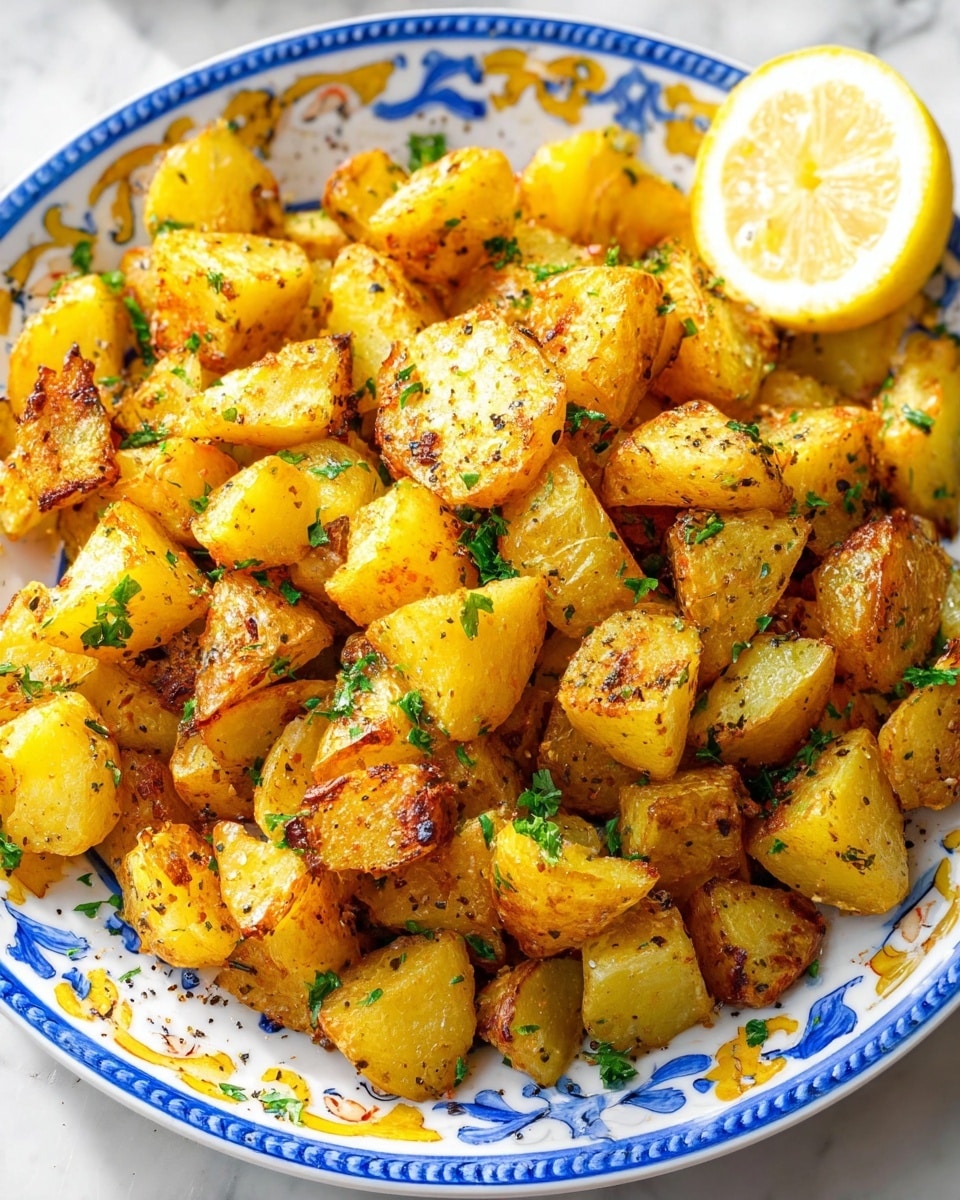 A white plate with blue and yellow patterns is full of golden roasted potato pieces. The potatoes are cut into small, uneven chunks with crispy browned edges and a soft, bright yellow inside. They are sprinkled with small green parsley bits and black pepper. In the top right corner of the plate, there is a lemon wedge with a bright yellow color and juicy texture. The plate sits on a white marbled surface. photo taken with an iphone --ar 4:5 --v 7