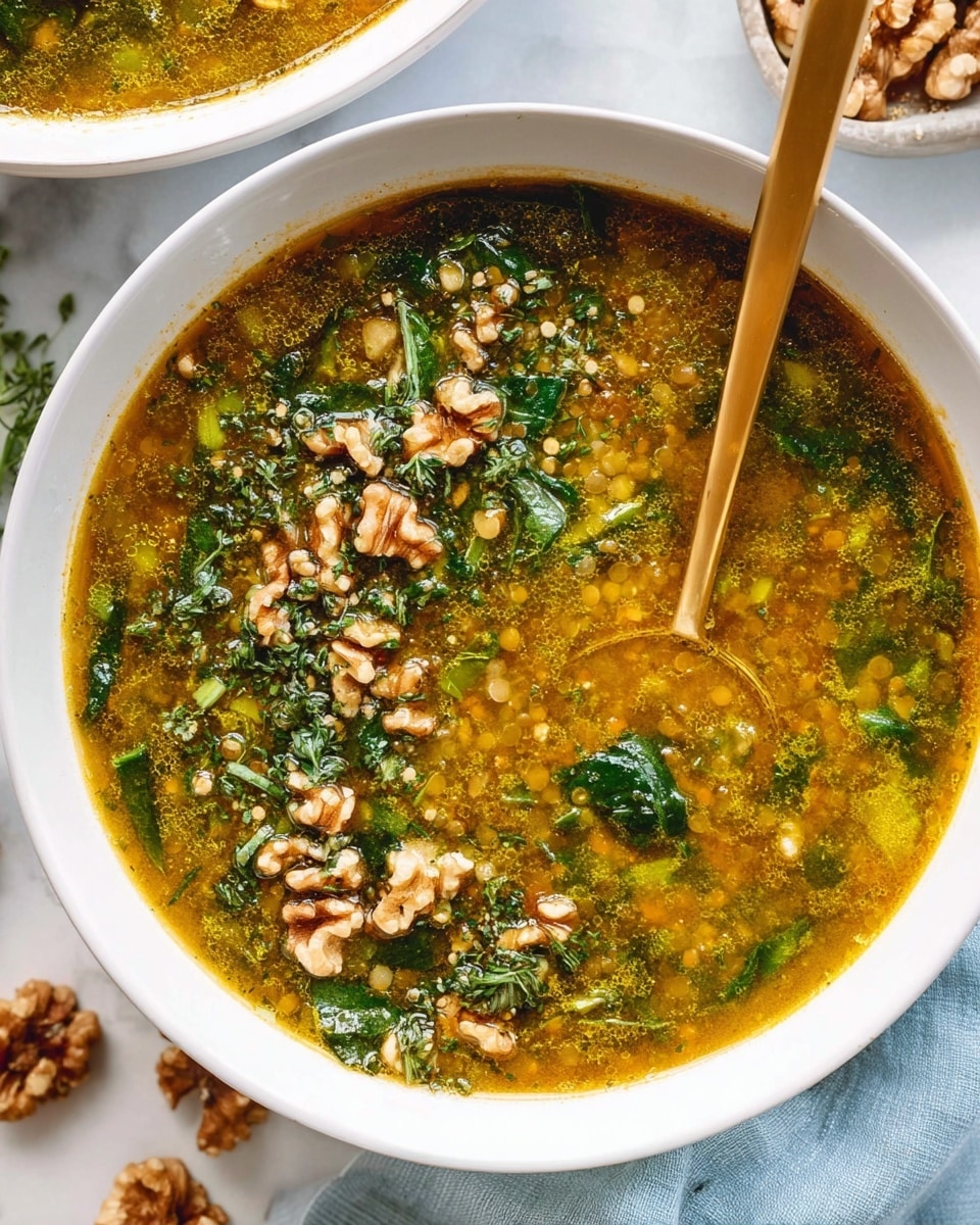 A white bowl filled with a warm, thick soup that has a yellowish-brown broth base. The soup has visible green leafy spinach pieces scattered throughout, along with small beige lentils. On the surface, there are clusters of chopped walnuts and finely chopped herbs, likely parsley or cilantro, adding texture and green color. A golden spoon is resting inside the bowl, partially submerged in the soup. The bowl is set on a white marbled surface, with some whole walnut pieces and a light blue cloth nearby. Photo taken with an iphone --ar 4:5 --v 7