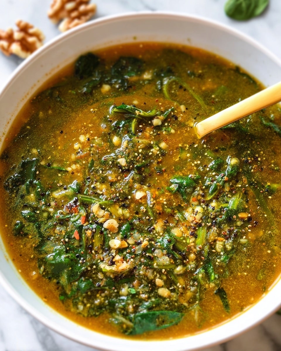 A close-up view of a white bowl filled with a thick greenish-brown soup that has a slightly oily surface. The soup contains visible layers of chopped herbs, small pieces of green spinach leaves, crushed nuts, and lentils, all floating evenly in the broth. Tiny bubbles and specks of black pepper float on the surface, while the edges of the bowl show some soup splashes. A golden spoon dips into the top right side of the bowl, partially submerged. The bowl sits on a white marbled surface with a few walnut pieces nearby. photo taken with an iphone --ar 4:5 --v 7