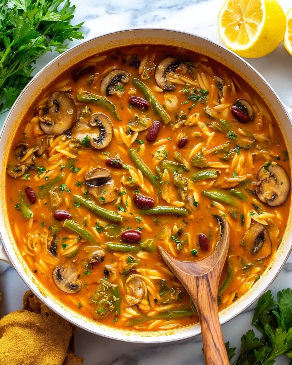 The image shows a large white deep dish filled with a rich, orange-colored soup that contains visible layers of sliced mushrooms, green beans, kidney beans, and orzo pasta. The soup base appears thick and smooth, with an even distribution of vegetables and beans floating throughout. There are scattered sprinkles of chopped herbs on top, adding small green accents. In the center, a wooden spoon lies partially immersed in the soup, stirring the ingredients. The dish is set on a white marbled surface, with a halved lemon and fresh parsley nearby, enhancing the fresh and vibrant look of the scene. Photo taken with an iphone --ar 4:5 --v 7