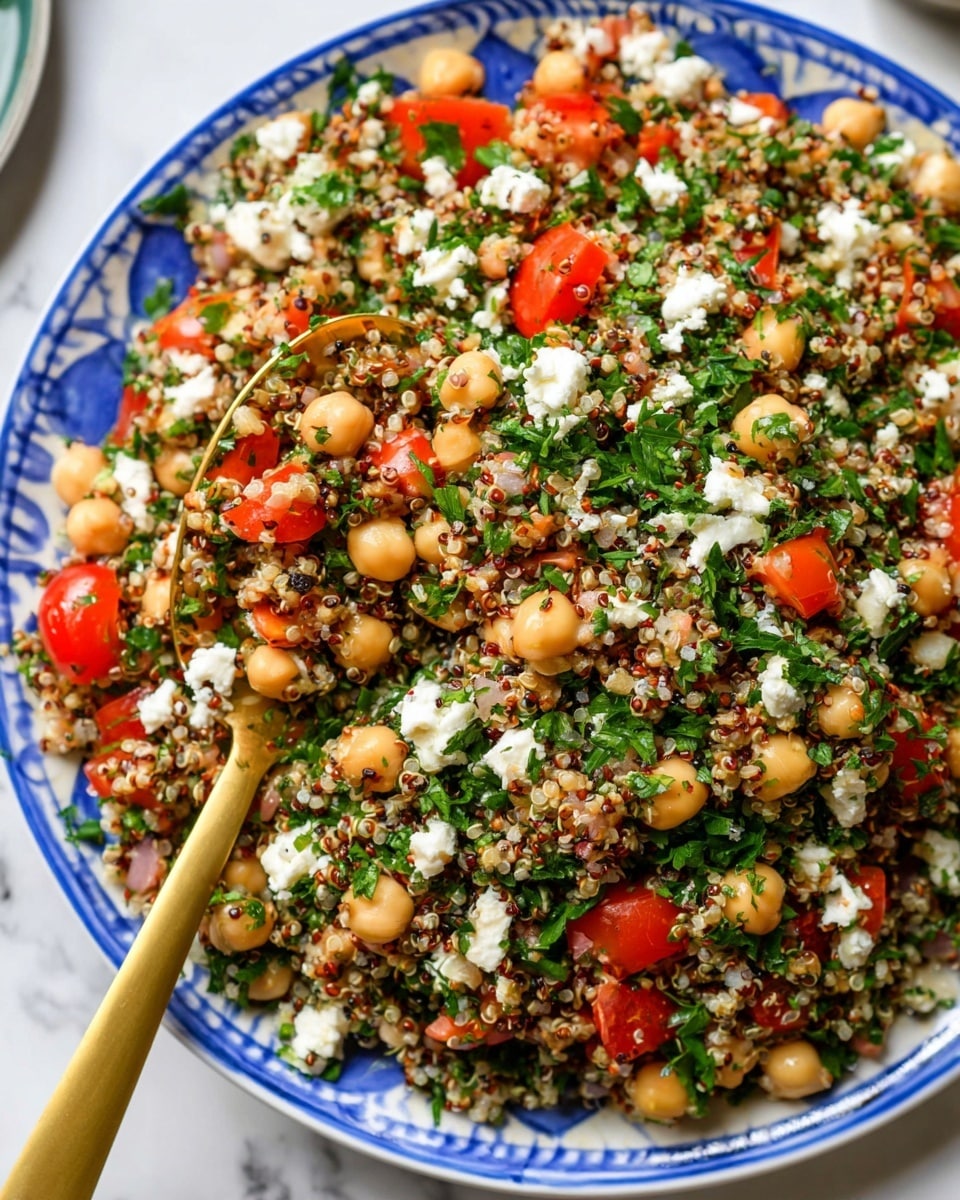 A large white plate with blue patterns holds a colorful salad made of three layers: the bottom layer is a mix of small white, red, and black quinoa grains; the middle layer consists of light tan chickpeas, chopped bright red tomatoes, and small white onion pieces; the top layer is chopped green parsley spread evenly with scattered white crumbled feta cheese. A golden spoon lifts a portion showing all the layers mixed together, with the salad resting on a white marbled surface. Photo taken with an iphone --ar 4:5 --v 7