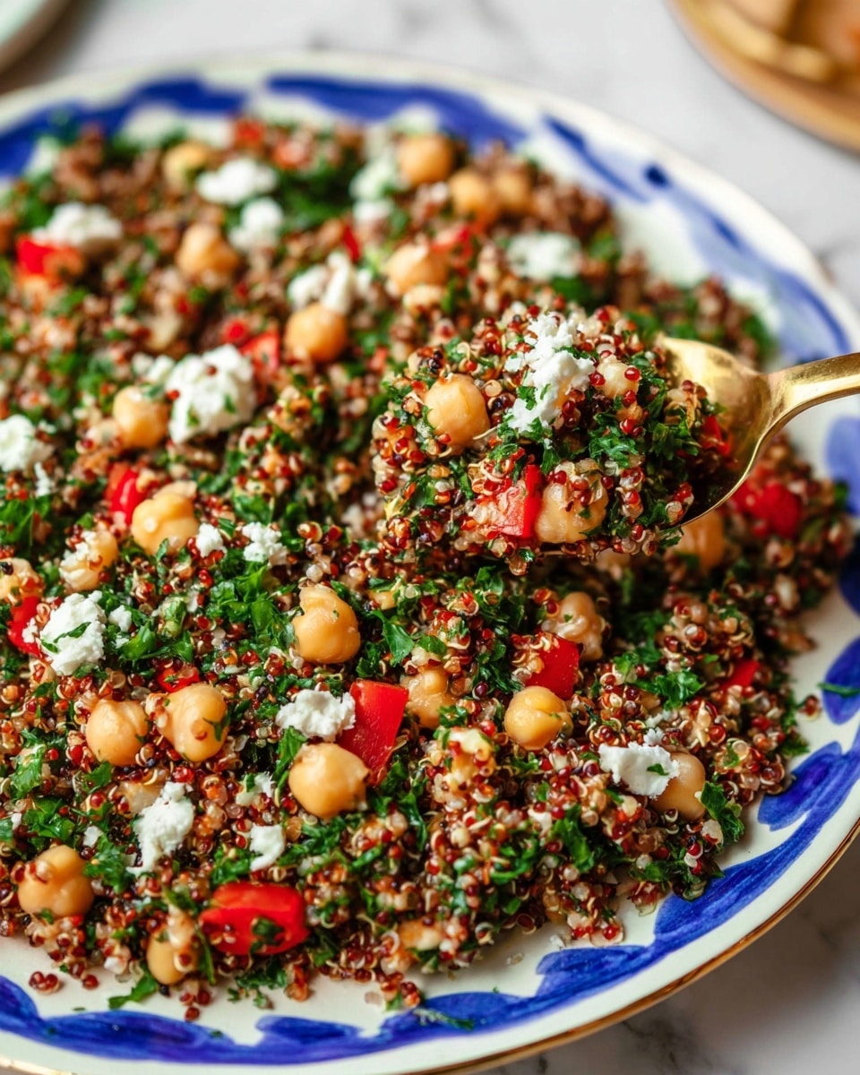 A close-up of a colorful grain salad served on a white plate with blue decorative edges, filled with three main layers: a base layer of mixed quinoa in red, white, and black tones giving a slightly grainy texture; scattered chickpeas adding round, pale beige shapes; and chopped bright green parsley mixed with small red bell pepper cubes throughout. Small white crumbles of cheese are lightly sprinkled on top, adding contrast, and the salad is being scooped with a golden spoon. The plate is set on a white marbled surface. Photo taken with an iphone --ar 4:5 --v 7