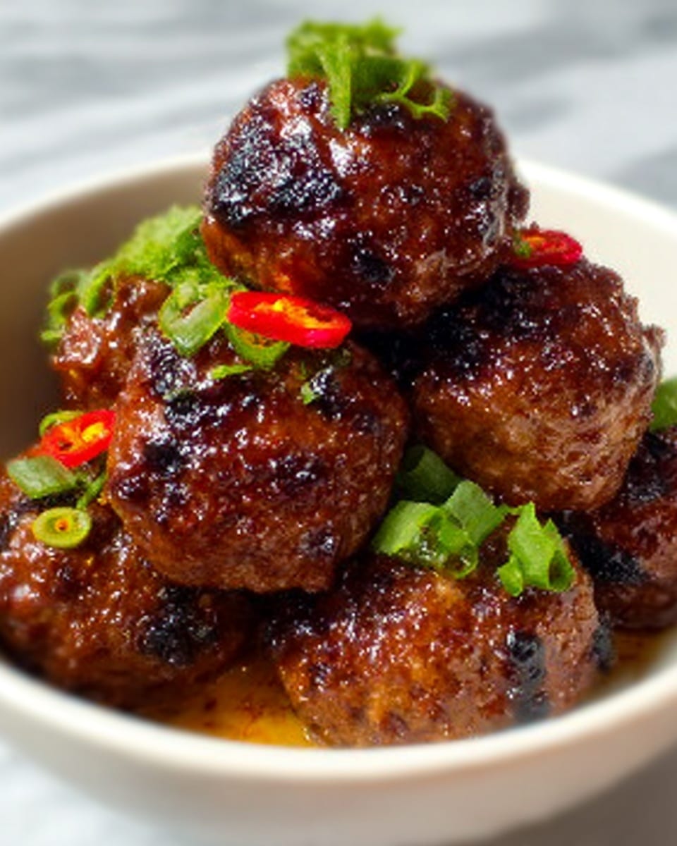 The image shows a white bowl filled with seven grilled meatballs stacked on top of each other. The meatballs are shiny with a dark brown grilled texture and are covered with a sticky glaze. They are garnished with small green herb leaves, chopped green onions, and thin slices of red chili, adding a fresh green and red touch to the dish. The background is a white marbled surface. Photo taken with an iphone --ar 4:5 --v 7