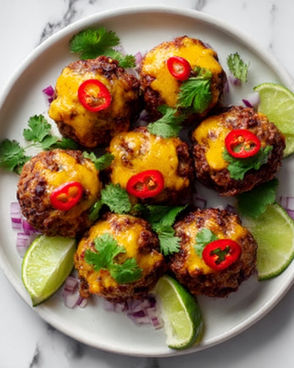 The image shows a white plate on a white marbled surface with seven meatballs arranged closely together. Each meatball is topped with melted yellow cheese, red chili slices, and fresh green cilantro leaves. Around the meatballs, there are small pieces of purple onion scattered, and lime wedges are placed along the plate edges. The meatballs have a textured, browned crust that contrasts with the smooth melted cheese on top. photo taken with an iphone --ar 4:5 --v 7
