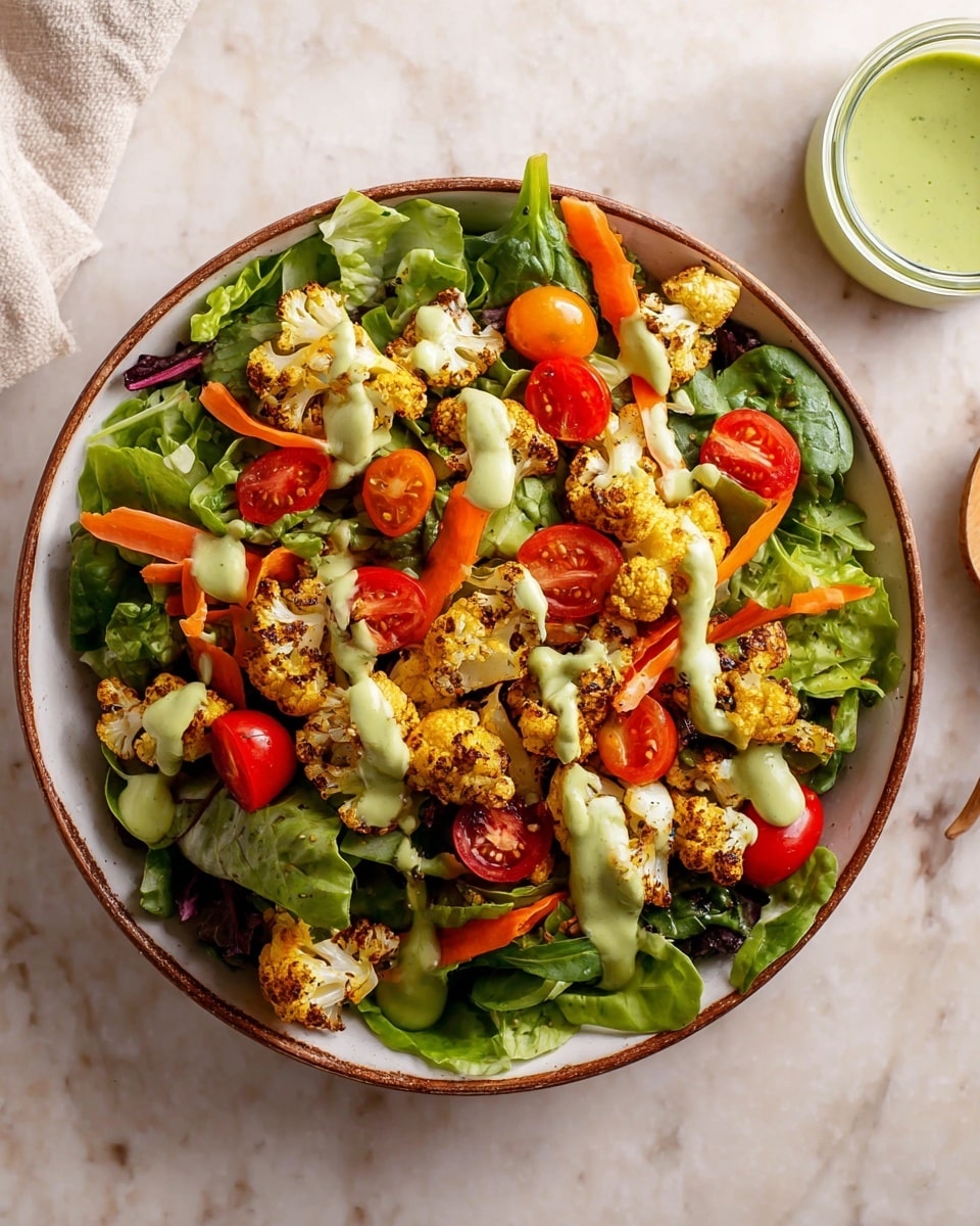 A fresh salad is served in a round white bowl with a brown rim, filled with a base layer of mixed green leaves including spinach and lettuce. On top, there are bright orange carrot ribbons and halved red grape tomatoes evenly scattered. Roasted cauliflower pieces with a slightly charred, golden-brown surface are spread across the salad. A creamy light green dressing is drizzled in thin lines over all the ingredients, adding a smooth texture contrast. The bowl is placed on a white marbled surface with a small glass container of green dressing nearby. photo taken with an iphone --ar 4:5 --v 7